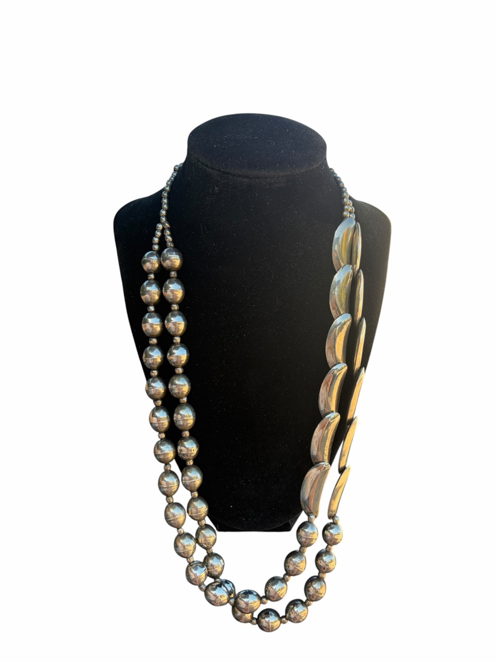 Vintage Silver Tone Asymmetric Crescent & Ball Bead Statement Necklace